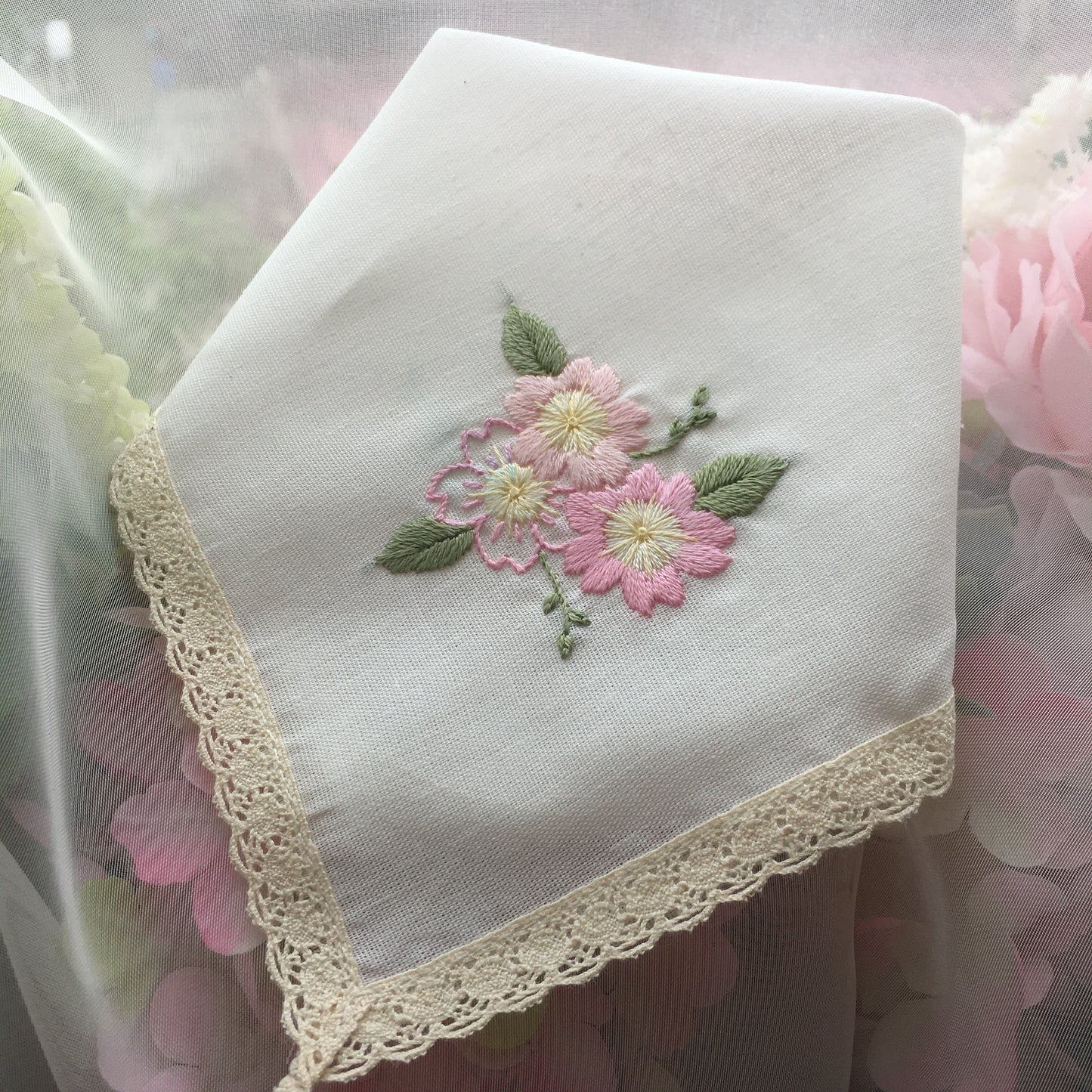 "Cherry Blossoms" Laced Handkerchief Embroidery Kit